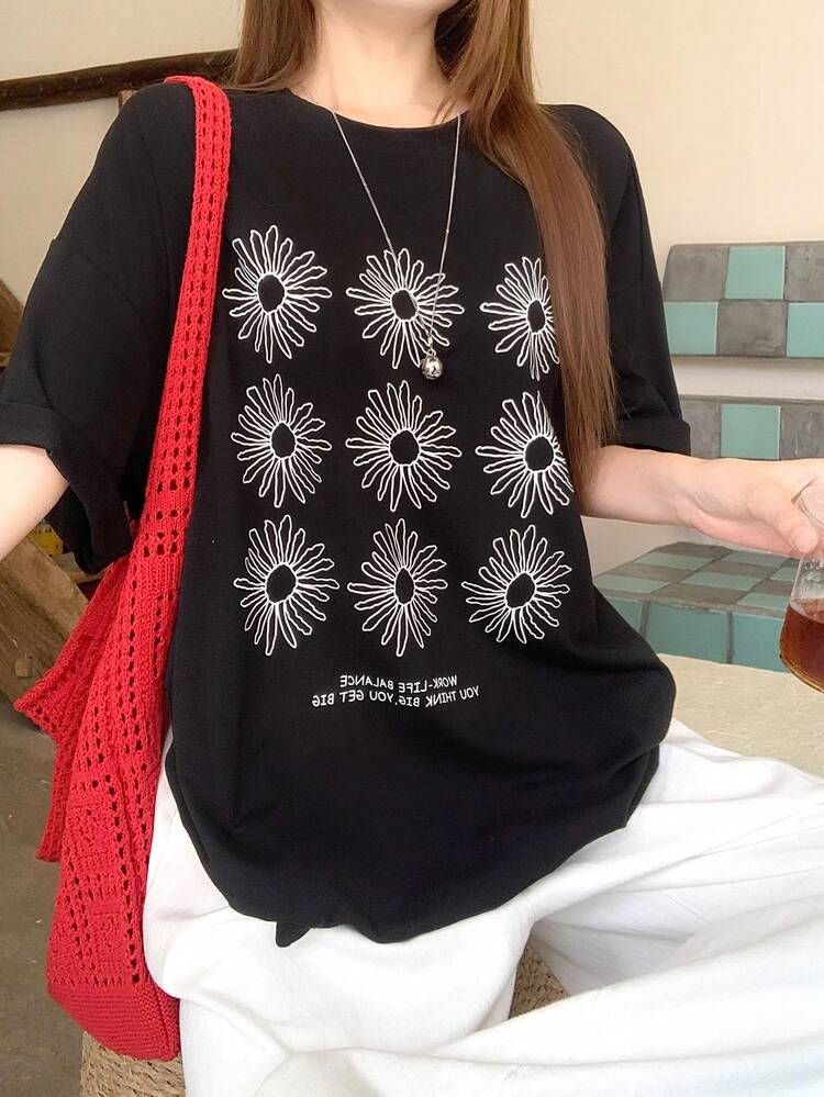 Women's Summer Round Neck Printed Loose Casual Short Sleeve Pullover T-Shirt
