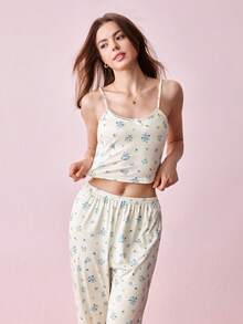 Bộ đồ ngủ nữ 2 món họa tiết hoa nhí gồm áo hai dây croptop và quần ống đứng cạp chun. - trắng - Xem 9