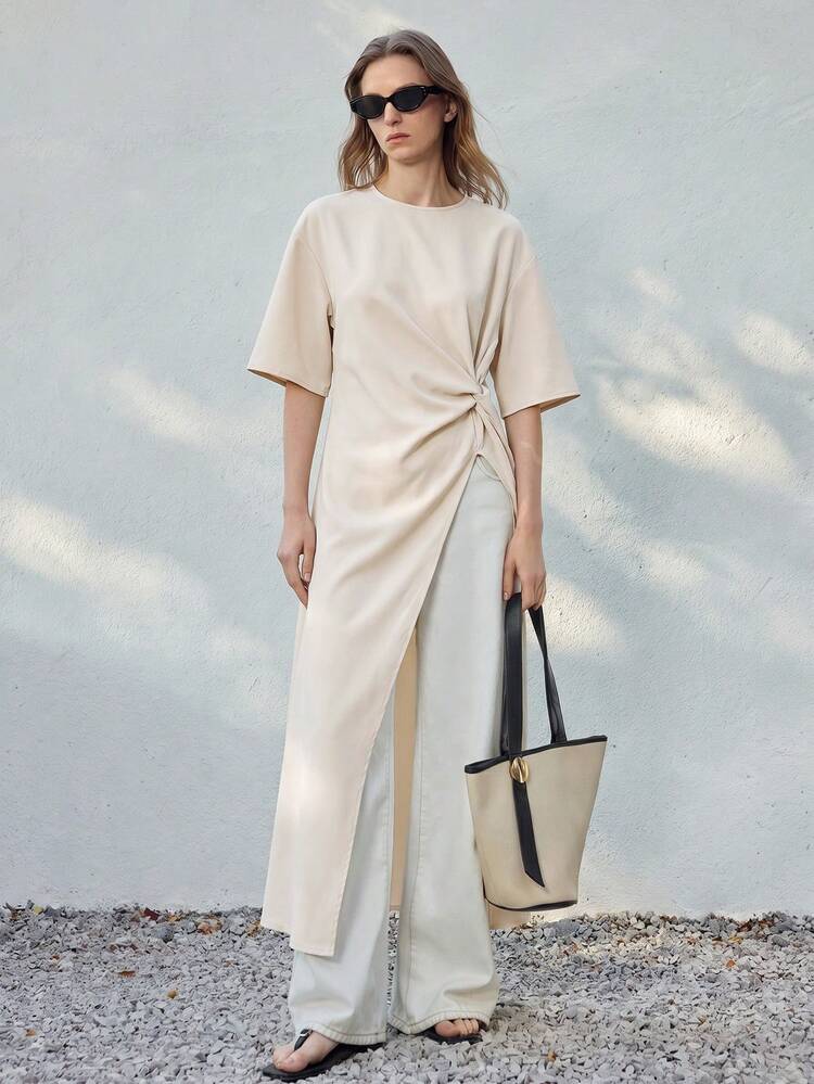 Women's Light Beige Summmer Chic Everyday T-Shirt,High-End Soft Fitted Dropped Shoulder 3/4 Sleeve Side Twist High Slit Asymmetric Hem Business Top