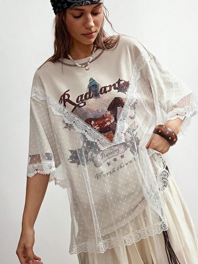 Bohemela Women's Spring/Summer Vacation Knit Short Sleeve T-Shirt Lace Clothes Vintage Clothes