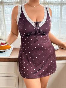 SHEIN Plus Size Fitted Contrast Color Lace Patchwork V-Neck Heart Print Camisole Nightgown - Brown - View 6
