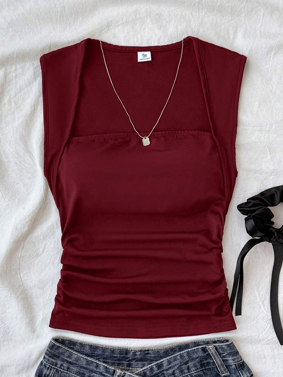 SHEIN Teen Girls T-Shirts Summer Solid Ruched Side Tank Top - Burgundy - View 1