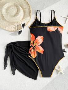 SHEIN Bộ đồ bơi liền thân màu trắng in hoa dành cho thiếu nữ, có bèo nhún ở eo và chân váy rời, kiểu dáng thường ngày, thích hợp cho kỳ nghỉ biển. - màu đen - Xem 5