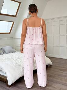 Napfluff CURVE Napfluff CURVE Plus Size Pink Striped Heart Print Camisole Top And Pants Pajama Set - Pink - View 3