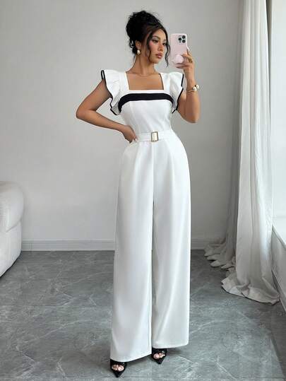 Elenzga Mono de verano elegante para vacaciones de mujer con cuello ancho, mangas de color block, cintura rasgada, cintura ceñida, hebilla de metal, bolsillo en diagonal, pierna recta plisada
