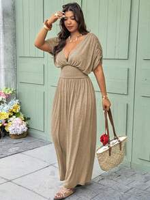 Vionelle Plus Size Women's Khaki Summer Boho Vacation Holiday Deep V-Neck Jumpsuit Knitted Elegant Tie Waist Pleated Loose Casual Countryside Style Brunch - Camel - View 6