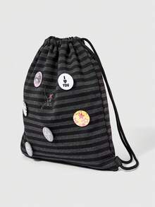 ROMWE Anime 1 pieza Mochila con cordón de gran capacidad, estilo gótico oscuro, con diseño de araña de strass, a rayas negras y grises, decoración versátil y casual, adecuada para ir al trabajo, socializar y compras - Gris negro - Ver 3