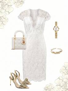 Ellevyn Women's Elegant White Summer Wedding Guest V-Neck Short Sleeve Fitted Embroidered Mesh Mini Dress,Flattering Silhouette For Casual,Work,Gathering - White - View 10