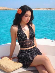 Sweetina Bộ đồ 2 món dành cho nữ đi nghỉ mát biển, họa tiết chấm bi, gồm áo cổ yếm và chân váy xòe. - Đen và trắng - Xem 5