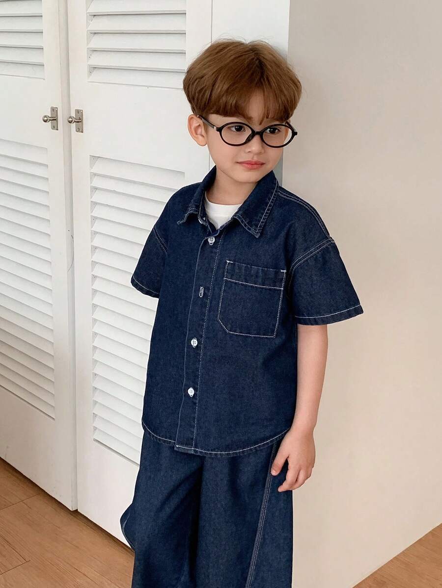Dazy Kids Áo sơ mi denim tay ngắn cài một hàng khuy và quần denim cho bé trai - Trang phục thường ngày. - Màu xanh lam - Xem 1