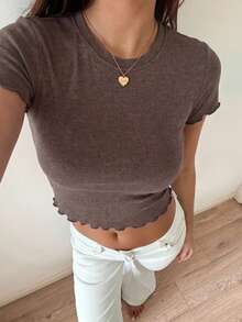 DAZY Camiseta corta ajustada de manga larga con hombros descubiertos, casual y elegante para mujer - Marrón - Ver 3