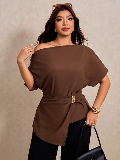 Elaquor Plus Size Women Asymmetric Hem Metal Decor Off Shoulder Short Sleeve Blouse