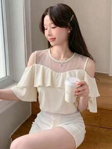 DAZY Contrast Mesh Short Sleeve Ruffle Hem Women Blouse - Beige - View 4