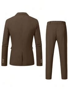 Manfinity Mode Coffee 's 2 Pieces Formal Suit, Solid Color Blazer And Pants Set, Business Casual Autumn Wedding Suit Prom, Simple Fashion Daily Wear Gift, Ceremony - Brown - View 2