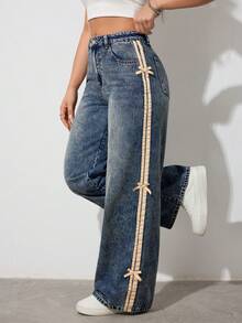 SHEIN Tall Women's Fashionable Side Stripe Bow Denim Jeans - Dark Wash - View 9