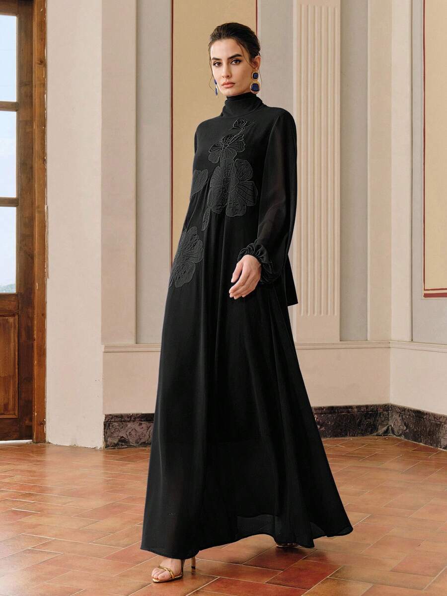 Anewsta Women's Solid Color Turtleneck Elegant Long Sleeve Dress - Black - View 1
