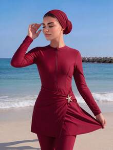 Veilorie Đồ bơi cổ tròn tay raglan màu trơn, thoải mái, thoáng khí. - Màu đỏ tím - Xem 7