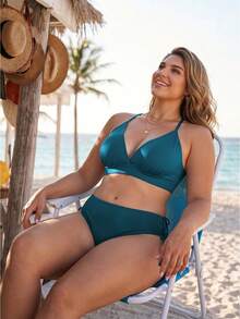 Swim Lushoire Bộ bikini sọc gợi cảm cỡ lớn, màu xanh ngọc lục bảo, chất liệu vải đặc biệt. - Màu xanh lá cây đậm - Xem 1