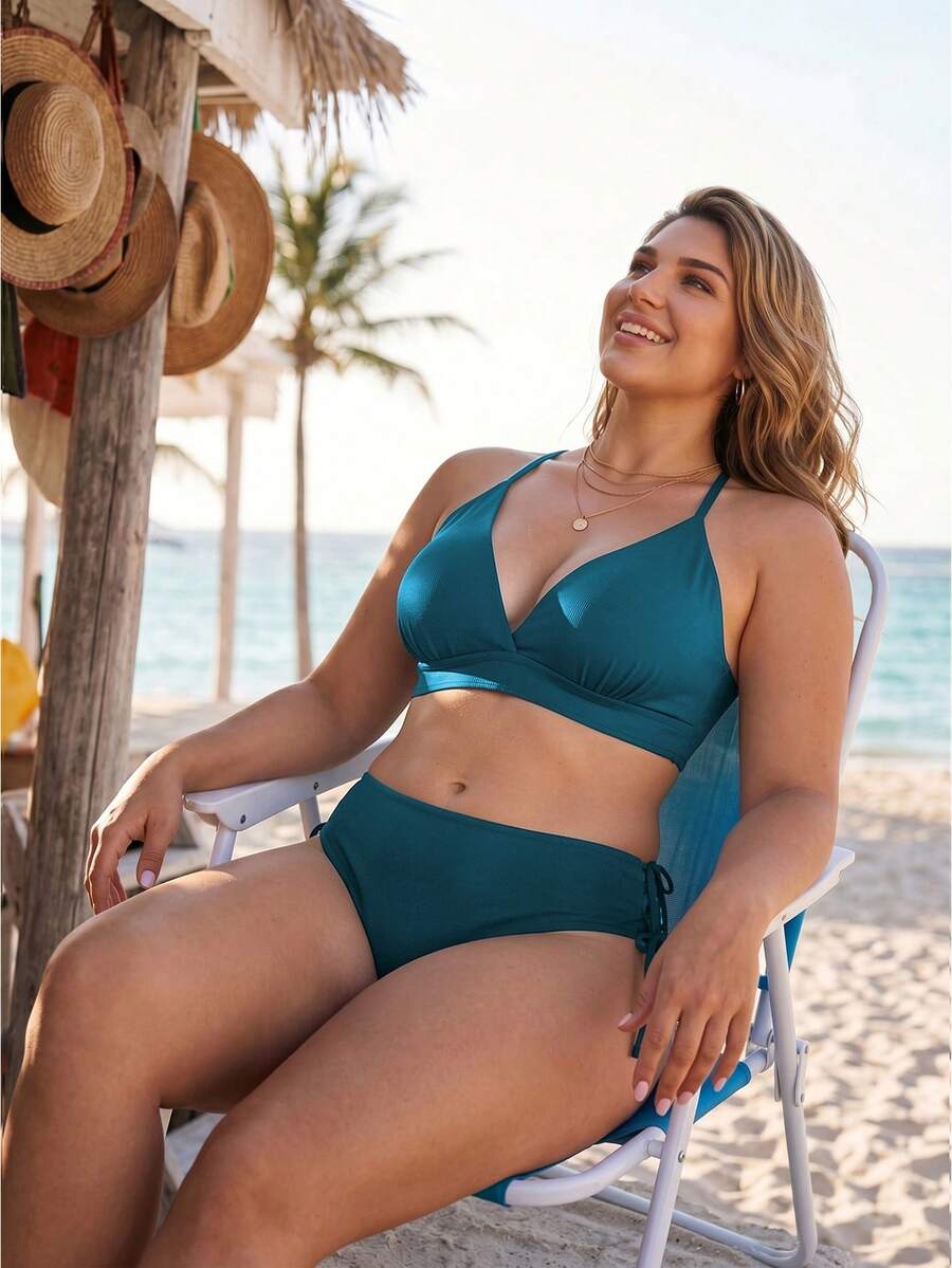 Swim Lushoire Bộ bikini sọc gợi cảm cỡ lớn, màu xanh ngọc lục bảo, chất liệu vải đặc biệt. - Màu xanh lá cây đậm - Xem 1