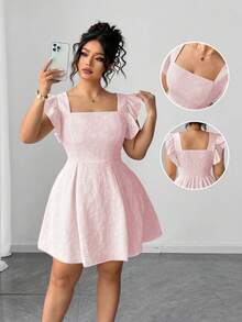 Elenzga Plus Size Women's Elegant Vacation Style Solid Color Jacquard Ruffle Armhole Waist Cinched Dress, Summer Pink Hot Pink - Pink - View 8