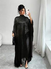 Elenzga Vestido holgado de cuello alto, diseño minimalista con parches con flecos, adecuado para ocasiones formales, tallas grandes, primavera/otoño - Negro - Ver 4