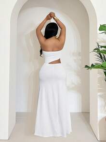 Maweii Vestido de verano de unicolor y sexy con diseño calado para tallas grandes - Blanco - Ver 2