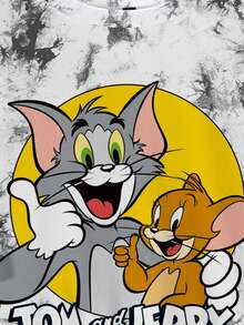 TOM & JERRY X SHEIN 男士休闲扎染字母卡通图案圆领短袖T恤，夏季 - 白色 - 查看 3