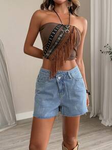 Dazy Tall Shorts vaqueros casuales de verano para mujer alta con diseño asimétrico de cintura y dobladillo desgastado - Azul lavado medio - Ver 4