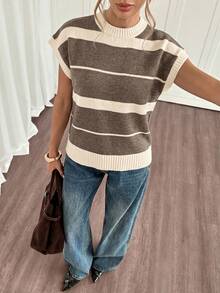 Women's Contrasting Color Striped Knit Blouse - Khaki - View 6