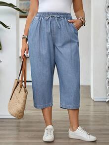 EMERY ROSE Mature Denim Quần jeans lửng dáng rộng, màu trơn, túi xéo, buộc dây phía trước, cỡ lớn. - Rửa nhẹ - Xem 1