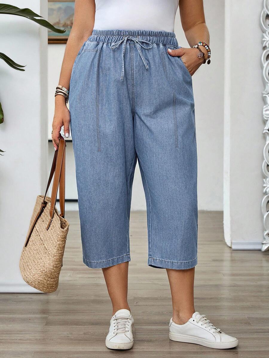 EMERY ROSE Mature Denim Quần jeans lửng dáng rộng, màu trơn, túi xéo, buộc dây phía trước, cỡ lớn. - Rửa nhẹ - Xem 1
