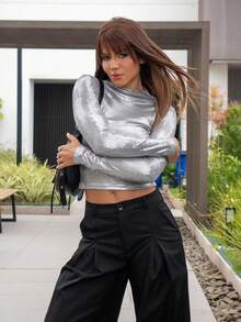 女士时尚闪亮修身高领长袖 T 恤 - 銀色 - 查看 6