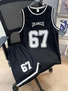 SHEIN 儿童两件套青少年男童运动黑色罗纹背心套装，适合青少年男孩，春季返校季服装；青少年男童服装；青少年男童外套，春季返校季，适合春夏穿着，日常穿着，运动，外出，上学，聚会，节日，拍照 - 黑色 - 查看 2