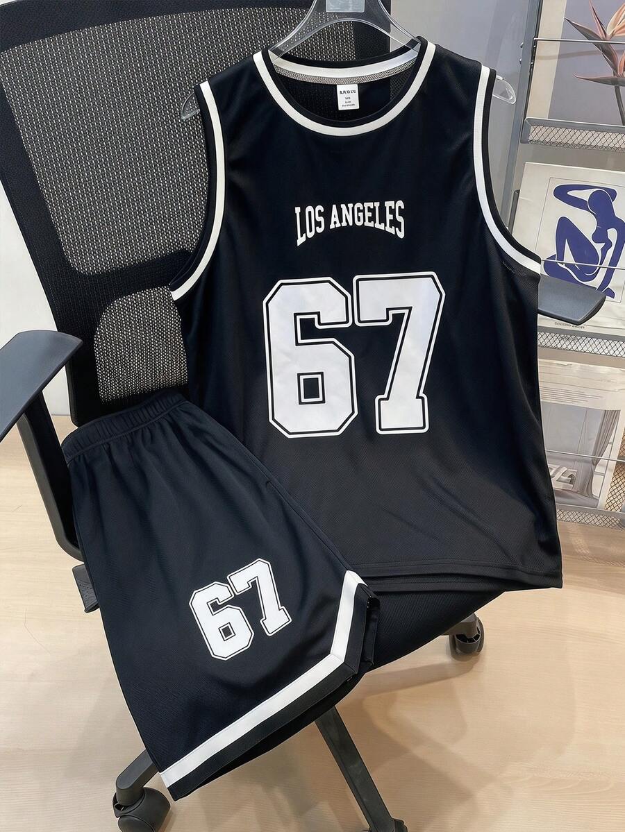 SHEIN 儿童两件套青少年男童运动黑色罗纹背心套装，适合青少年男孩，春季返校季服装；青少年男童服装；青少年男童外套，春季返校季，适合春夏穿着，日常穿着，运动，外出，上学，聚会，节日，拍照