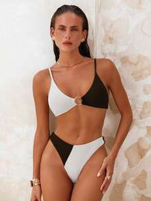 Swim Chiccia Bikini de tirantes finos con decoración de anillos de contraste - Blanco y Negro - Ver 1