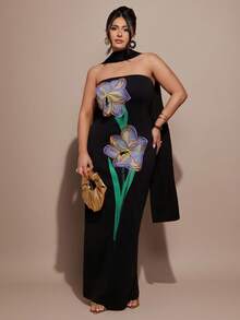 SHEIN BAE Plus Size Elegant Black Bodycon Long Maxi Dress,Autumn Formal Evening Ceremony Gown Women's 3D Floral Vibrant Plant Pattern Strapless Cocktail Party - Black - View 6