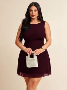 SHEIN BAE Plus Size Women Sleeveless Mesh Dress, Spring/Summer - Maroon - View 6