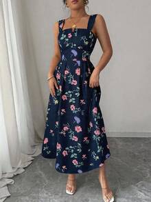 SHEIN Elenzya 最新春夏碎花优雅收腰褶皱长连衣裙 - 藏蓝色 - 查看 4