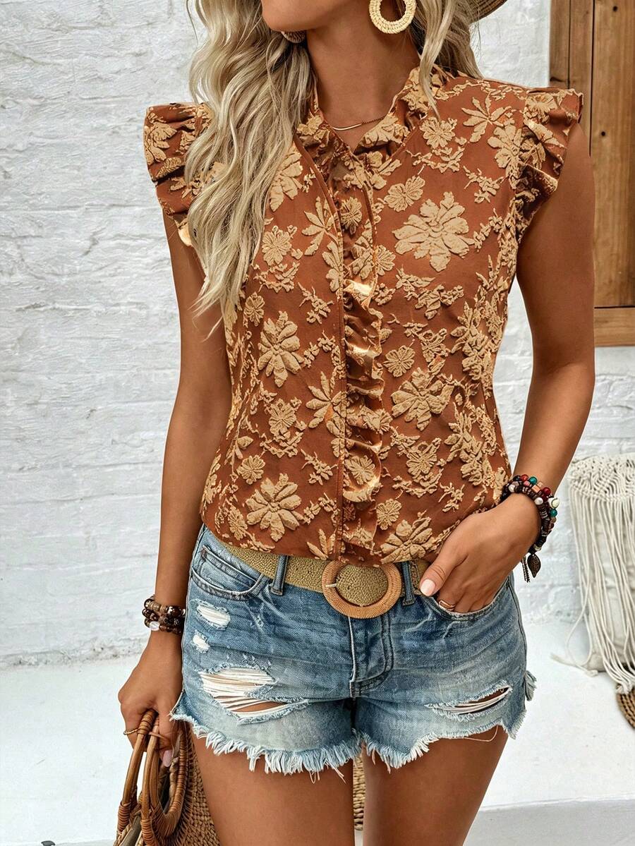 SHEIN LUNE Áo kiểu nữ tay bồng thắt nơ in họa tiết màu mơ, thích hợp mặc đi nghỉ mát hoặc mặc hàng ngày. - Cà phê nâu - Xem 1