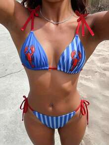 Swim Mod 2pcs/Set Women Cute Blue And White Stripe Bikini Set, Summer Holiday Beach Bikini With Ocean Print, Spaghetti Strap Tie Top, Side Tie Swimwear Sexy - Blue - View 6