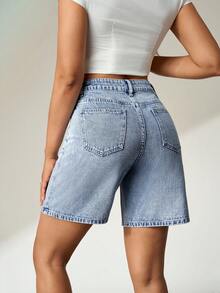 Flexra Quần short denim dáng suông rộng rãi, thoải mái dành cho nữ, có túi, thích hợp cho mùa hè. - Rửa nhẹ - Xem 2