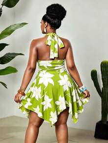 Maweii Plus Size Women Floral Print Deep V-Neck Vacation Dress - Multicolor - View 2