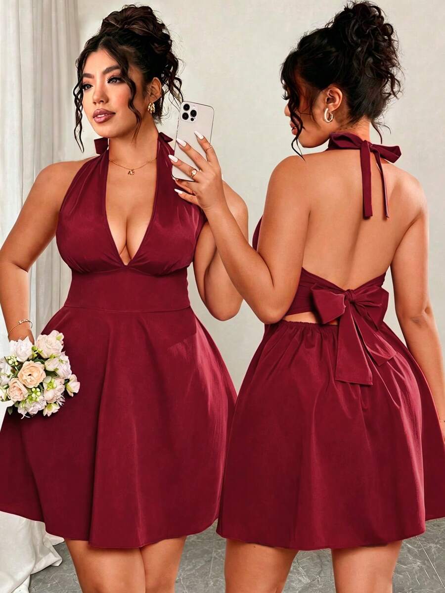 Elenzga Đầm xanh dương thanh lịch, gợi cảm dành cho nữ cỡ lớn, thiết kế buộc dây, thoáng mát mùa hè, cổ yếm, thích hợp cho kỳ nghỉ, du lịch, trang phục tối giản thoáng mát. - Đỏ - Xem 1