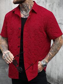 SLATEMANN Men's Solid Color Front Button Casual Short Sleeve Shirt, Summer - Red - View 4