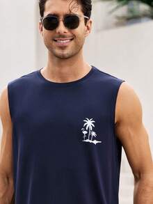 Mercer Haus 1 chiếc áo tank top nam cổ tròn in hình cây dừa, kiểu dáng thường ngày, thích hợp cho mùa hè. - Màu xanh hải quân - Xem 7