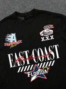 Manfinity ZONE917 Oversized Distressed Racing Speed Graphic Print Black Drop Shoulder Short Sleeve T-Shirt (One Price) - Black - View 2