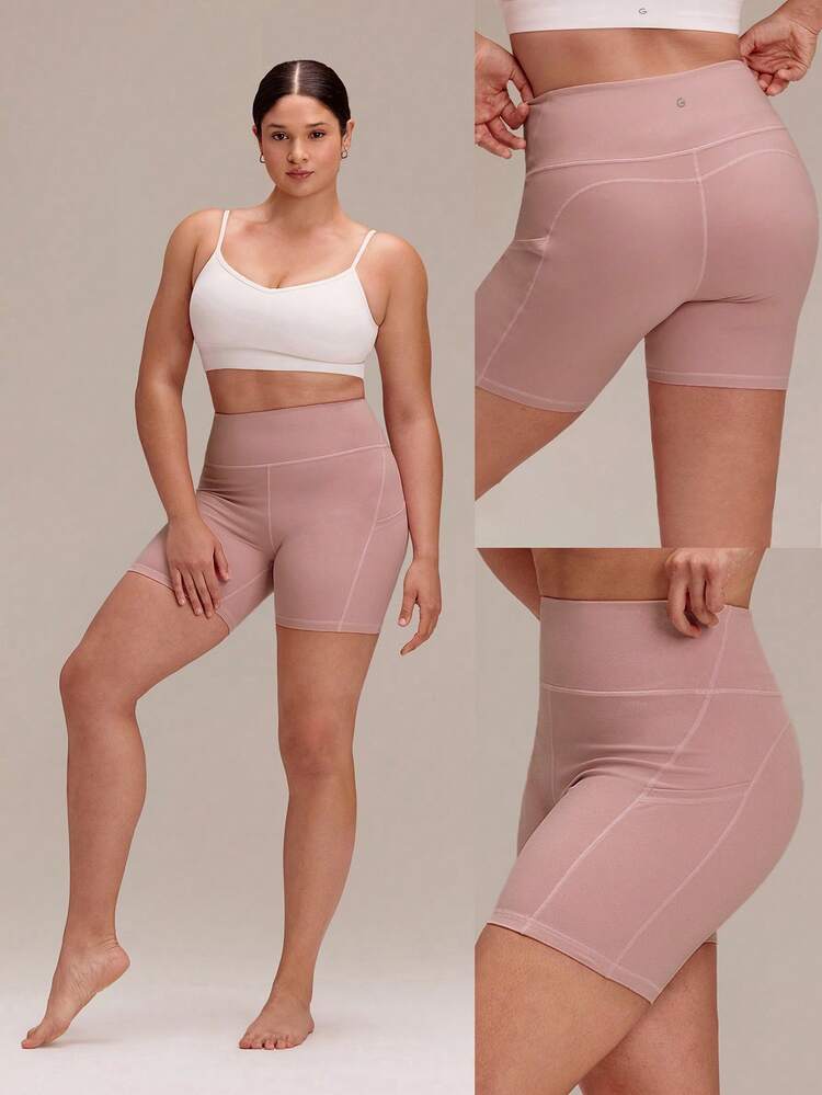 6" Plus Size FeatherFit™ All Day Buttery-Soft High Waist Biker Shorts With Side Pockets Pilates Yoga Studio Daily Wear