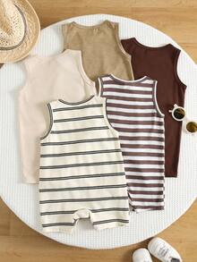 SHEIN 5pcs/Set Unisex Newborn Baby Cute Summer Casual Knitted Striped Sleeveless Romper Set, Basic Romper Multi-Pack - Multicolor - View 2