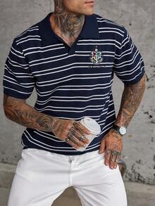 Men's Striped Short Sleeve Embroidered Badge Knit Top - Multicolor - View 6