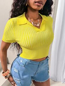 Glyssa Women's Yellow Polo Neck Knit Top, Summer - Yellow - View 7